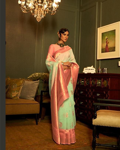 Grey Kirpan Womens Silk Blend Light Green Woven Designer Saree